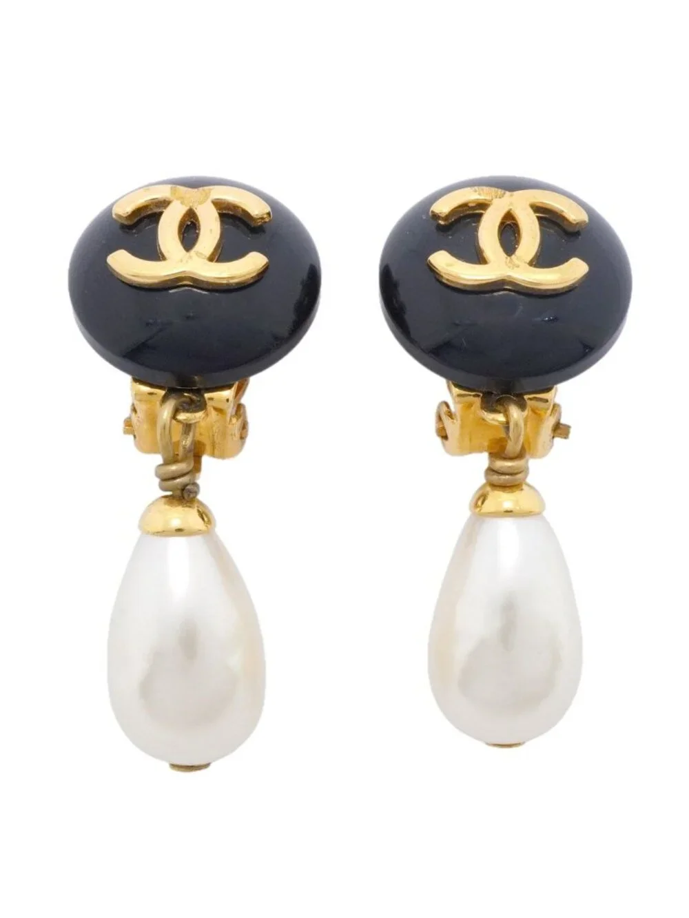 Chanel Earrings Vintage CC Logo Gold Plated Faux Pearl Black